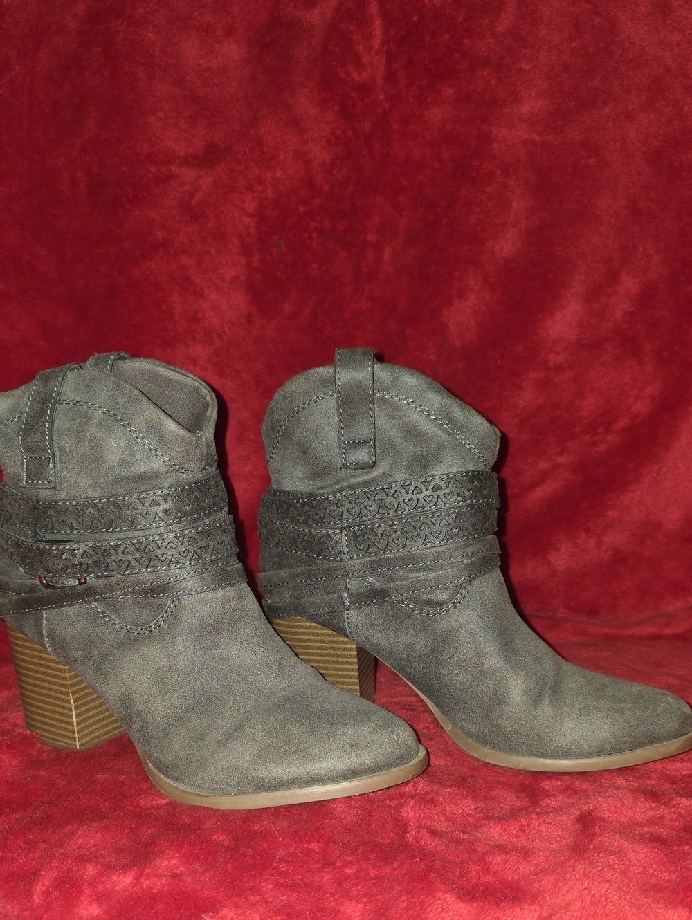 Felicias Gray Suede Ankle Booties with Wrapped Strap Detail